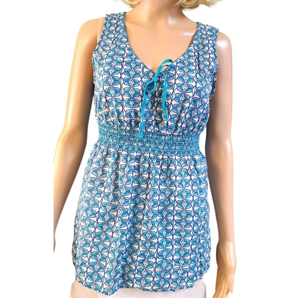 Eddie Bauer Blue Teal Geometric Sleeveless V Neck Blouse Top Women Size Medium